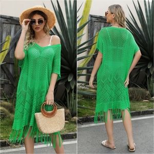 Fringe Hem Knit Beach Dress - Green